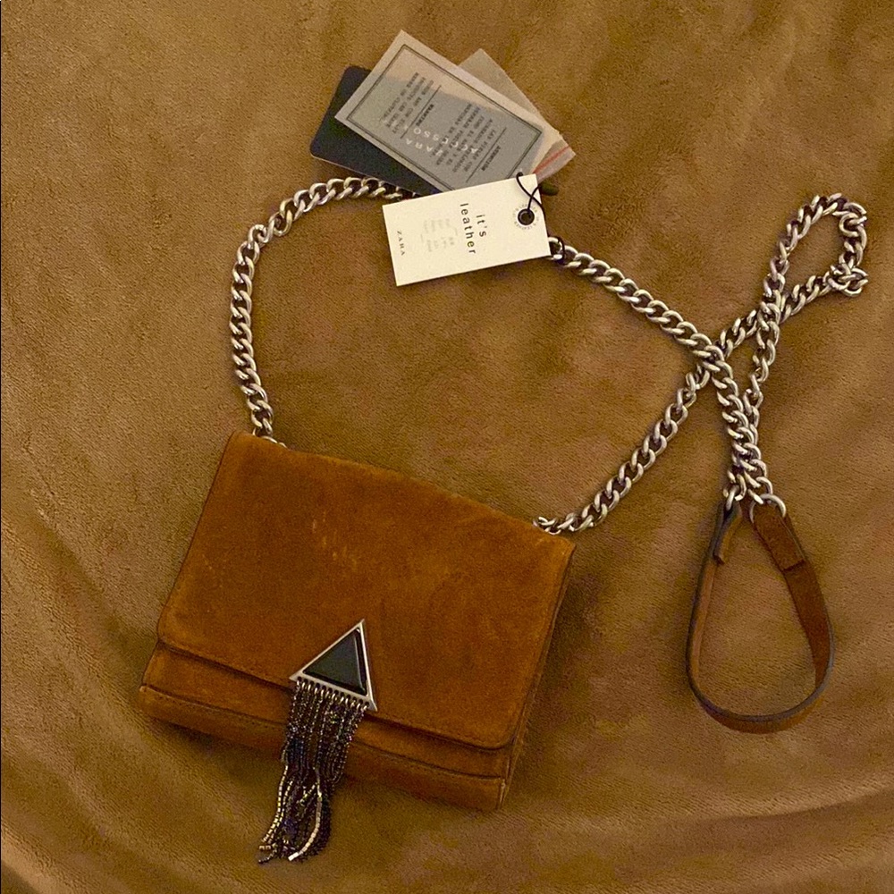 Zara Brown Suede Crossbody Bag with Chain Strap